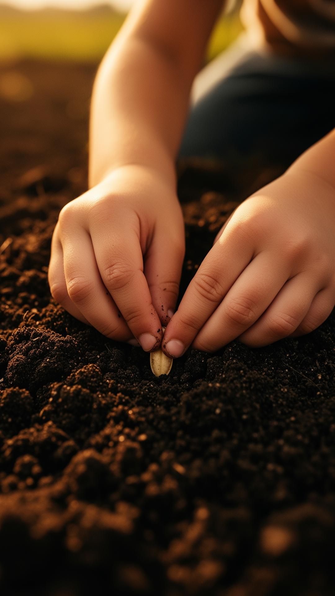 A child's hands pressing a seed into rich soil
